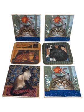 Decorative Cat Themed Coasters Ceramic and Cardboard 4x4" Lot of 6